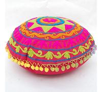 Traditional Jaipur Bohemian Throw Round Suzani Cushion, Embroidered Pillowcovers 16", Decorative Throw Pillow Cases, Indian Pom Pom Outdoor Cushions, Boho Pillow Shams