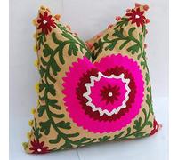 Traditional Jaipur Boho Throw Suzani Pillow, Embroidered Cushion Cover 16"x16", Decorative Throw Pillow Case, Indian Pom Pom Outdoor Cushions, Boho Pillow Shams