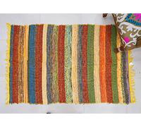 Traditional Jaipur Hand-woven chindi rug, handmade cotton fabric braided Bohemian decorative floor door multi colour mat rugs 3 x 5 feet