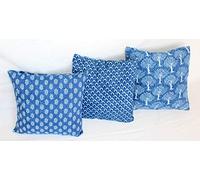 Traditional Jaipur Set of 3 Hand Block Print Indigo Fabric Indian Cushions Pillow Covers Decorative Throw Pillowcases Handcrafted Outdoor Cushion Cover Boho Pillow Shams (20 x 20 Inches)
