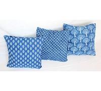 Traditional Jaipur Set of 3 Hand Block Print Indigo Fabric Indian Cushions Pillow Covers Decorative Throw Pillowcases Handcrafted Outdoor Cushion Cover Boho Pillow Shams (16 x 16 Inches)