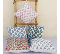 Traditional Jaipur Set of 5 Block Print Fabric Indian Cushion Covers Decorative Throw Cushion Covers Handmade Outdoor Cushion Cover Boho Cushion Shams (16 x 16 Inches)