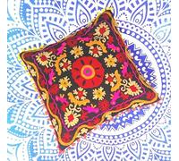 Traditional Jaipur Suzani Embroidered Cushion Cover 16x16, Pom Pom Decorative Throw Pillow Case, Indian Cotton Outdoor Cushions, Boho Pillow Shams