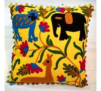 Traditional Jaipur Suzani Embroidered Pillow Cover 16x16, Animal Print Indian Outdoor Cushions, Decorative Throw Pillowcase, Pom Pom Cushion Cover, Boho Pillow Sham