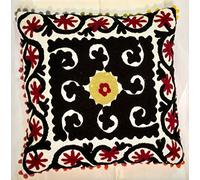 Traditional Jaipur Suzani Pillow, Indian Cushion Cover 16x16, Decorative Throw, Boho Pillowcase, Pom Pom Outdoor Cushions