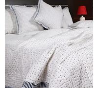Traditional Jaipur White Cotton Kantha Work Quilt beautiful fabric border handmade vertical stitch Indian quilt with two pillowcase (King 90x108 Inches)