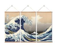 Traditional Japanese & Chinese Art Wall Decor Set,The Great Wave Off Kanagawa Print, Ancient Landscape Scrolls, Black White Decor for Living Room Bedroom (Great Wave Off Kanagawa, 16''x32'' x 3 Piece)