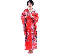 Traditional Japanese Kimono Robe - Long Satin Floral Dressing Gown for Women - Geisha Yukata Dress Set - Halloween Costume (Red, One Size)