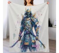 Traditional Japanese Samurai Blankets Watercolor Illustration Throw Blanket Cream Plush Blanket Super Soft Flannel Blankets Washable Lightweight Home Decoration For Bed, Couch, Chair 100X130Cm