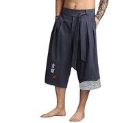 Traditional Japanese Short Kimono Trousers Men's Three-Quarter Asian Pants Loose Fit Linen Shorts Vintage Men's Shorts Breathable Swimming Shorts Japanese Style Wear, navy, XL