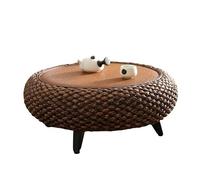 Traditional Japanese Style Round Woven Rattan Coffee Table Natural Brown Finish 60x60cm Elegant Tea Table with Sturdy Black Legs for Living Room or Patio
