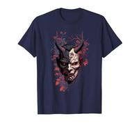 Traditional Japanese Tattoo Demon Mask, Oni Hannya Samurai T-Shirt, Men, Navy Blue, Medium