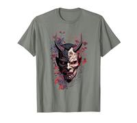 Traditional Japanese Tattoo Demon Mask, Oni Hannya Samurai T-Shirt, Men, Olive Heather, Medium