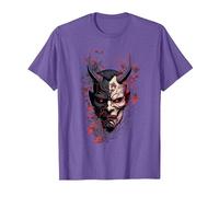Traditional Japanese Tattoo Demon Mask, Oni Hannya Samurai T-Shirt, Men, Purple Heather, Medium