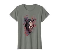 Traditional Japanese Tattoo Demon Mask, Oni Hannya Samurai T-Shirt, Women, Olive Heather, Medium