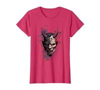 Traditional Japanese Tattoo Demon Mask, Oni Hannya Samurai T-Shirt, Women, Red Heather, Medium