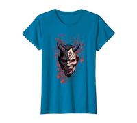 Traditional Japanese Tattoo Demon Mask, Oni Hannya Samurai T-Shirt, Women, Sapphire Blue, Medium
