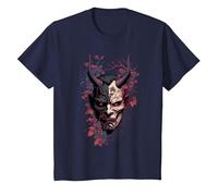 Traditional Japanese Tattoo Demon Mask, Oni Hannya Samurai T-Shirt, Youth, Navy Blue, Medium