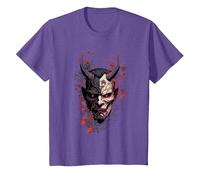 Traditional Japanese Tattoo Demon Mask, Oni Hannya Samurai T-Shirt, Youth, Purple Heather, Medium