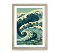 Traditional Japanese Wave No.4 Framed Print for Living Room Bedroom Home Office Décor, Wall Art Picture Ready to Hang, Oak A4 Frame (34 x 25 cm)