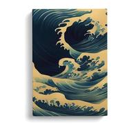 Traditional Japanese Wave No.5 Black, Peach, Blue Canvas Print for Living Room Bedroom Home Office Décor, Wall Art Picture Ready to Hang, 30x20 Inch (76x50 cm)