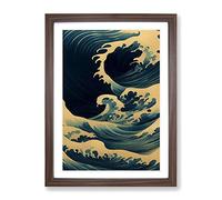 Traditional Japanese Wave No.5 Framed Print | A4 Walnut Framed Wall Art | Ready to Hang | Classic Nautical Picture | Living Room Bedroom Lounge Office
