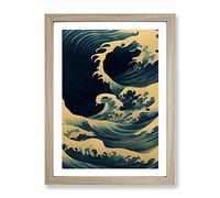Traditional Japanese Wave No.5 Framed Print for Living Room Bedroom Home Office Décor, Wall Art Picture Ready to Hang, Oak A4 Frame (34 x 25 cm)