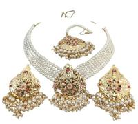 Traditional jewelry Pearl Choker Necklace Set with Gold-Toned Pendant, Maang Tikka, Multicolour Stones, Bridal Jewellery
