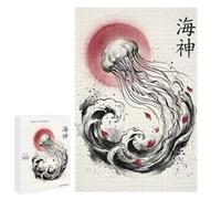 Traditional Jigsaw Puzzle for Adults, 1000 PCS, Jellyfish And Waves in Japanese Art Style Design, Screen-free Entertainment for Adults And Families