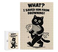 Traditional Jigsaw Puzzle for Adults, 300 PCS, Funny Black Cat Poster, I Saved Him From Drowning Cat Humor Wall Art Print Design, Screen-free Entertainment for Adults And Families