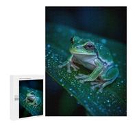Traditional Jigsaw Puzzle for Adults, 500 PCS, Green Tree Frog on Leaf with Dewdrops Design, An Engaging Indoor Activity for Quiet Evenings, at Home