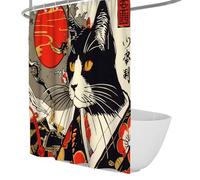 Traditional Kimono Cat Shower Curtain Japanese Ukiyo-E Style Samurai Portrait Shower Curtain with Hooks Waterproof Polyester Quick Dry 180 x 180 cm