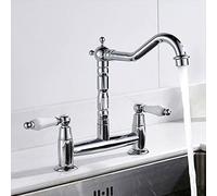 Traditional Kitchen Sink Mixer Tap, 2 Hole Dual Lever Faucet Handle Lever, 1/4 Turn Dual Ceramic Handles Tap Deck Mounted Hot and Cold Water Spout Faucet for Home Kitchen Sink(Electroplated)