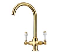 Traditional Kitchen Sink Mixer Tap with White Ceramic Dual Handle 360 Swivel Gooseneck Spout 1 Hole Faucet Taps Mixers Bright Gold