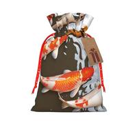 Traditional Koi Carps with Spots Printed Christmas Drawstring Bags Reusable Xmas Bag for Party Xmas Gift Wrapping, Red Ribbon, S