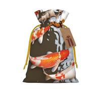 Traditional Koi Carps with Spots Printed Christmas Drawstring Bags Reusable Xmas Bag for Party Xmas Gift Wrapping, Yellow Ribbon, S