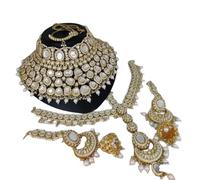 Traditional Kundan Pearl Bridal Jewellery Set, Gold-Plated Necklace Earrings Set with White Stones