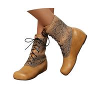 Traditional Lace-up Boots Women's Retro Medieval Wedge Heel Booties Suede Patchwork Ankle Boots Large Size Ankle Shoes(Yellow,4.5 UK)