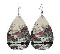 Traditional landscape painting double-sided printed leather earrings int and shape of water drops, creative, light and novel, bright and vivid colors.