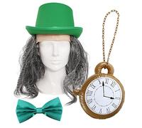 Traditional Mad Hatter Set - Green Hat, Grey Wig, Green Bow Tie and Gold Clock - Perfect for World Book Day School Book Week Fancy Dress