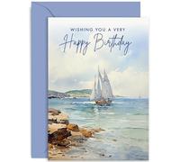 Traditional Male Birthday Card for Him - Watercolour Coastal Sailing Boat Design - Blue Coast Landscape Birthday Card for Men - Birthday Card for Dad, Uncle, Grandad, Brother | Blank Inside Envelope