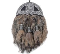 Traditional Men's Scottish Kilt Sporran - Lion Rampant Design, Premium Black Leather, Brown Fur, and Antique Cantle - Full Dress Sporrans and Chain Belt
