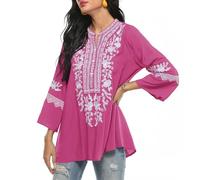 Traditional Mexican Embroidered Peasant Tops for Women, Plus Size Vintage Floral Tunic Shirts, Flowers Embroidery Blouses, Rose-200, 3XL