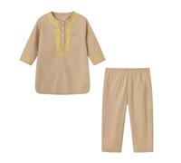 Traditional Middle Eastern Robe for Kids Boys Floral Embroidery Set Islamic Arabic Abaya Thobe Kaftan Dubai Style Ethnic Clothes Premium