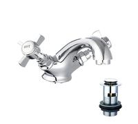 Traditional Mono Basin Mixer Tap with Pop-Up, Deck Mounted Dual Cross Head Tap, Victorian Basin Tap, Traditional Bathroom Sink Taps Waste-Chrome G1/2”