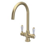 Balterley Kitchen Tap with Dual Lever Handles, Mono Kitchen Mixer Tap, Brushed Brass Mono Mixer Taps for Sink, Round Base with Curved Spout Taps for Sink - 160 x 220 x 375mm (Brushed Brass)