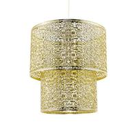 Traditional Moroccan Double Drum Tier East Fit Pendant Lamp Shade in Plated Polished Gold | Intricate Floral Scroll Metal | 25cm x 25cm by Happy Homewares