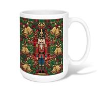 Traditional Nutcracker Holiday Plaid Christmas Ceramic Coffee Mug 15oz | Golden Bells, Tea Cup, Holly Berries, Pine Foliage, Plaid Background, Traditional Seasonal Art, Cozy Drinkware