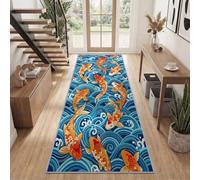 Traditional Ocean Stripes Washable No Slip Runner Rug 60 x 300 cm | Short Pile Non-Shedding Carpet Red and Gold Koi Fish Blue Ocean Waves for Hallway Bedroom Entrance Living Room Kitchen