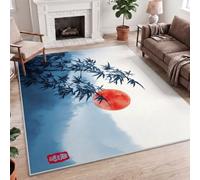 Traditional Oriental Asian Zen Bamboo Leaves Red Sun Mountain Blue White Carpet, 80x150cm (2.6x5ft) Machine Washable, Non-Slip Printed Polyester Rug Bedside, Hallway, Utility Room, Study